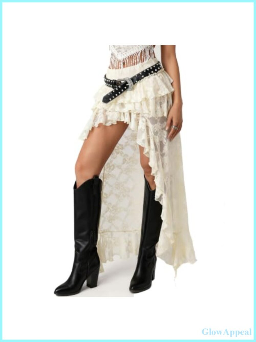 Women's Boho Lace High Low Maxi Skirt Layered Ruffle Y2K Sheer Mesh